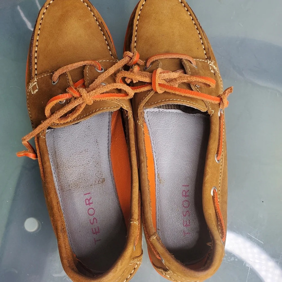 Tesori Womens Brown/Orange Leather Boat Shoes Sz 8.5M "W01812" - Picture 8 of 10